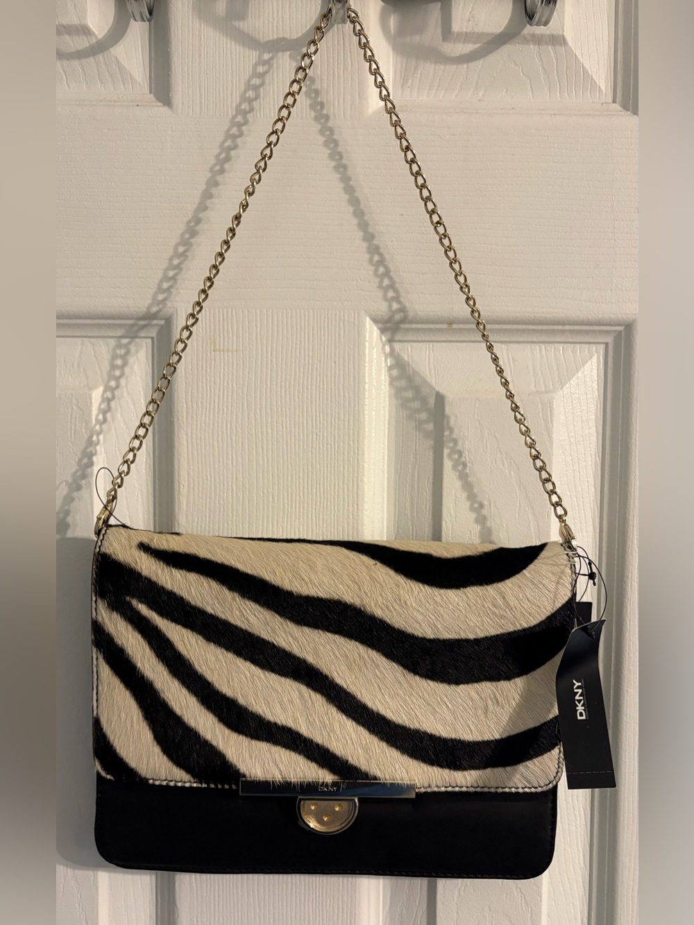 DKNY Zebra-Print (Calf Hair) Black and Ivory Clutch with Gold Shoulder Chain